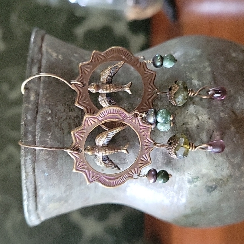 Flying into Light Bird Sunburst Ring Beaded Mini Chandelier Earrings - Picture 5 of 12